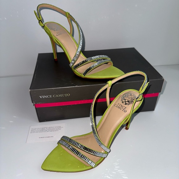 ✨New VINCE CAMUTO Antinie Suede Pointed Crystal Strappy Sandals Lime Green 7.5M - Picture 11 of 11